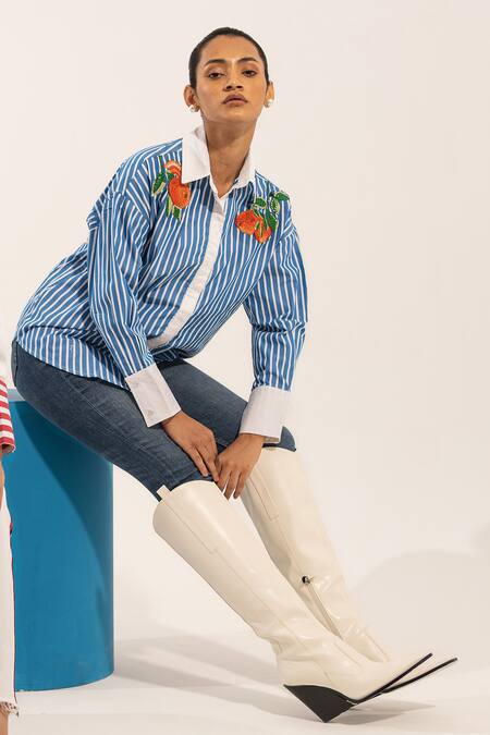 Buy Urban Life Blue Cotton Poplin Machine Embroidery Orange Collar Striped Shirt Buy_Urban Life_Blue Cotton Poplin Machine Embroidery Orange Collar Striped Shirt