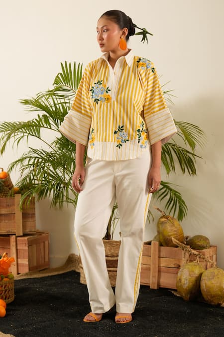 Urban life Yellow Cotton Poplin Machine Embroidery Floral Collar Shirt 