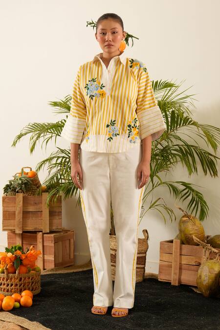 Urban Life_Yellow Cotton Poplin Machine Embroidery Floral Collar Shirt _Online_at_Aza_Fashions