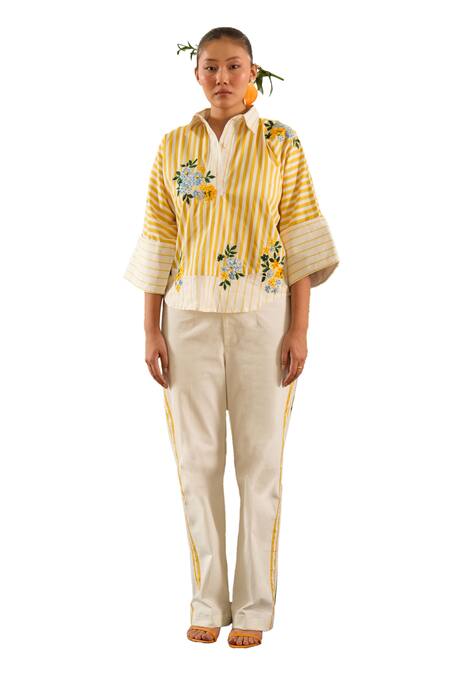 Buy_Urban Life_Yellow Cotton Poplin Machine Embroidery Floral Collar Shirt _Online_at_Aza_Fashions