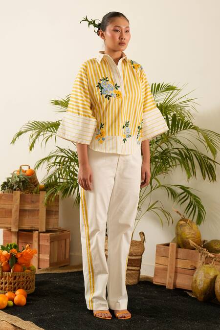 Shop_Urban Life_Yellow Cotton Poplin Machine Embroidery Floral Collar Shirt _Online_at_Aza_Fashions
