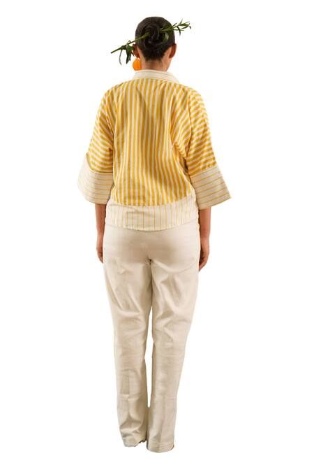 Urban Life_Yellow Cotton Poplin Machine Embroidery Floral Collar Shirt _at_Aza_Fashions