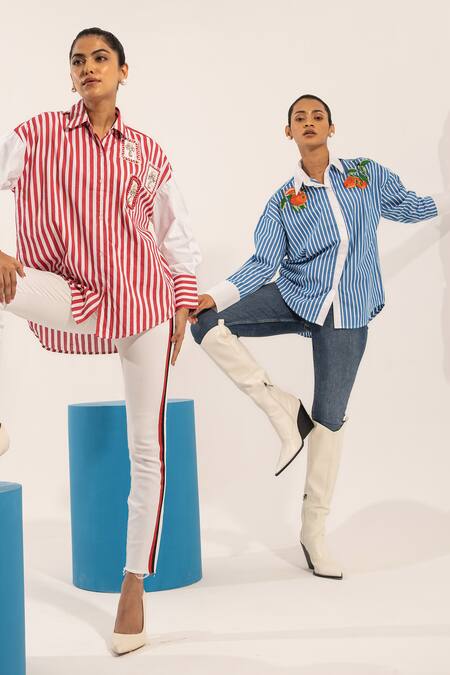 Urban Life Red Cotton Poplin Machine Embroidery Beads Collar Patchwork Shirt Online at Aza Fashions Urban Life_Red Cotton Poplin Machine Embroidery Beads Collar Patchwork Shirt _Online_at_Aza_Fashions