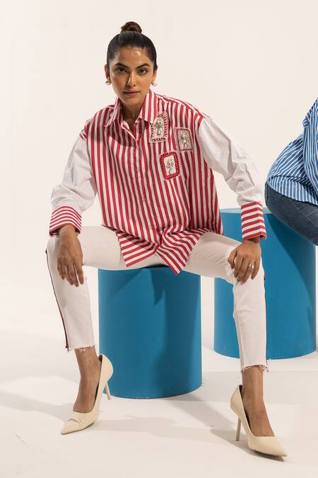 Buy Urban Life Red Cotton Poplin Machine Embroidery Beads Collar Patchwork Shirt Online at Aza Fashions Buy_Urban Life_Red Cotton Poplin Machine Embroidery Beads Collar Patchwork Shirt _Online_at_Aza_Fashions