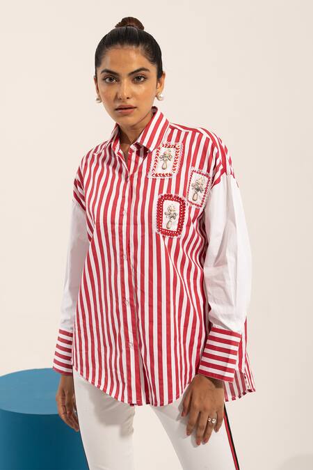 Shop Urban Life Red Cotton Poplin Machine Embroidery Beads Collar Patchwork Shirt Online at Aza Fashions Shop_Urban Life_Red Cotton Poplin Machine Embroidery Beads Collar Patchwork Shirt _Online_at_Aza_Fashions
