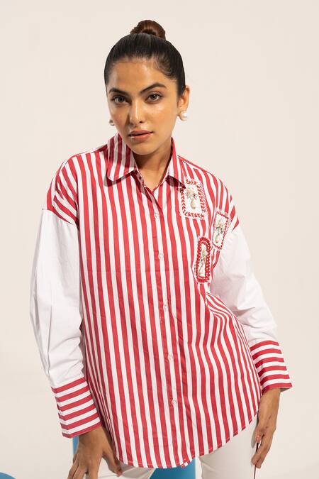 Urban Life Red Cotton Poplin Machine Embroidery Beads Collar Patchwork Shirt at Aza Fashions Urban Life_Red Cotton Poplin Machine Embroidery Beads Collar Patchwork Shirt _at_Aza_Fashions