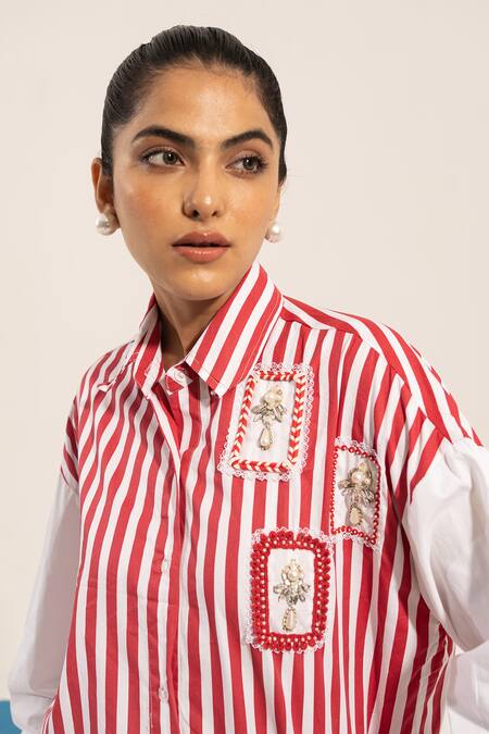 Buy Urban Life Red Cotton Poplin Machine Embroidery Beads Collar Patchwork Shirt Buy_Urban Life_Red Cotton Poplin Machine Embroidery Beads Collar Patchwork Shirt