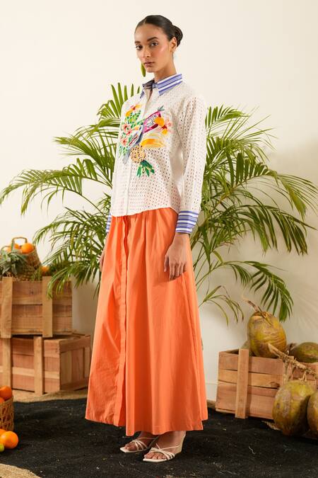 Shop Urban Life White Cotton, Poplin Embroidery Collared Flora And Fauna Schiffli Shirt Online at Aza Fashions Shop_Urban Life_White Cotton, Poplin Embroidery Collared Flora And Fauna Schiffli Shirt _Online_at_Aza_Fashions