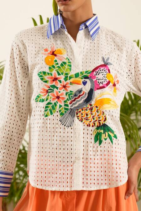 Shop Urban Life White Cotton, Poplin Embroidery Collared Flora And Fauna Schiffli Shirt Shop_Urban Life_White Cotton, Poplin Embroidery Collared Flora And Fauna Schiffli Shirt