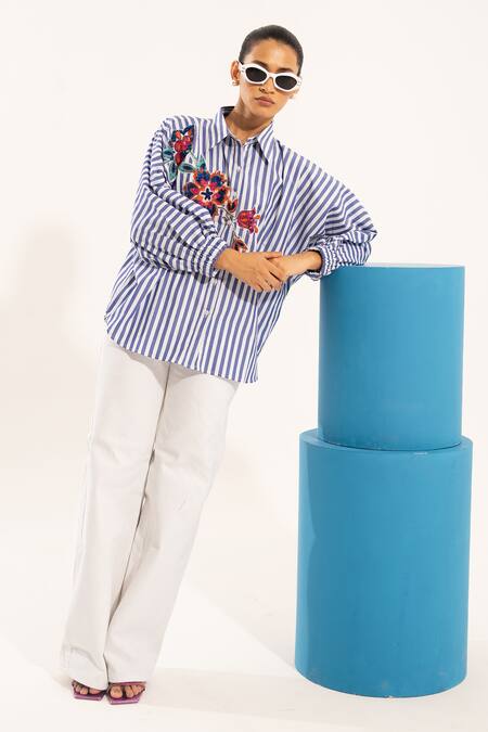 Buy Urban Life Blue Cotton Embroidery Collared Floral Poplin Shirt Online at Aza Fashions Buy_Urban Life_Blue Cotton Embroidery Collared Floral Poplin Shirt _Online_at_Aza_Fashions