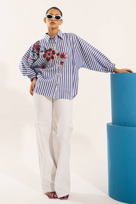 Shop Urban Life Blue Cotton Embroidery Collared Floral Poplin Shirt Online at Aza Fashions Shop_Urban Life_Blue Cotton Embroidery Collared Floral Poplin Shirt _Online_at_Aza_Fashions