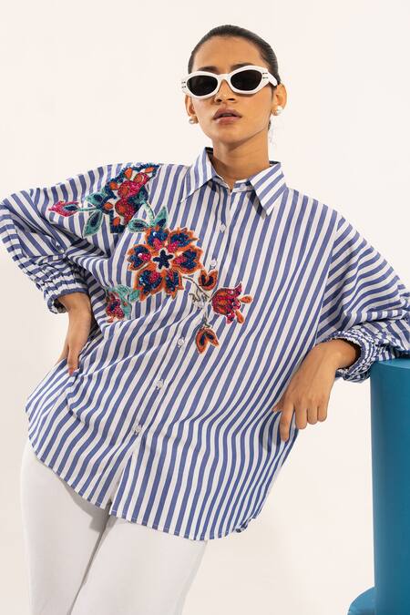 Urban Life Blue Cotton Embroidery Collared Floral Poplin Shirt at Aza Fashions Urban Life_Blue Cotton Embroidery Collared Floral Poplin Shirt _at_Aza_Fashions