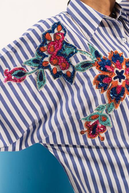 Buy Urban Life Blue Cotton Embroidery Collared Floral Poplin Shirt Buy_Urban Life_Blue Cotton Embroidery Collared Floral Poplin Shirt
