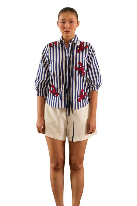 Urban Life Blue Cotton Poplin Machine Embroidery Crab Collar Patchwork Shirt Online at Aza Fashions Urban Life_Blue Cotton Poplin Machine Embroidery Crab Collar Patchwork Shirt_Online_at_Aza_Fashions