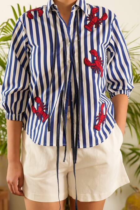Urban Life Blue Cotton Poplin Machine Embroidery Crab Collar Patchwork Shirt at Aza Fashions Urban Life_Blue Cotton Poplin Machine Embroidery Crab Collar Patchwork Shirt_at_Aza_Fashions