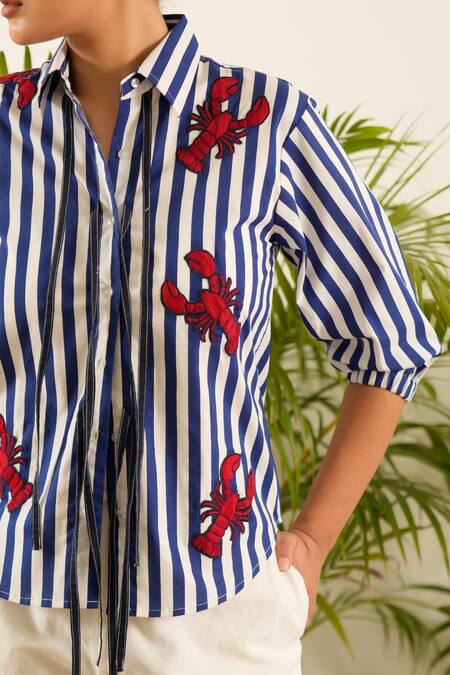 Buy Urban Life Blue Cotton Poplin Machine Embroidery Crab Collar Patchwork Shirt Buy_Urban Life_Blue Cotton Poplin Machine Embroidery Crab Collar Patchwork Shirt