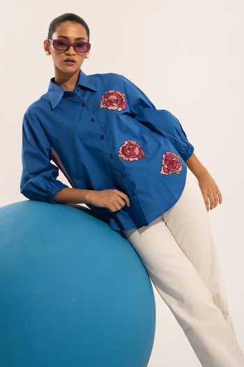 Urban Life_Blue Cotton Poplin Machine Embroidery Floral Collar Rose Shirt_Online_at_Aza_Fashions