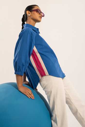 Buy_Urban Life_Blue Cotton Poplin Machine Embroidery Floral Collar Rose Shirt_Online_at_Aza_Fashions