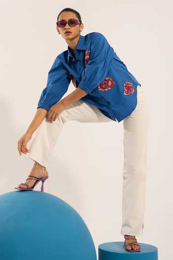 Shop_Urban Life_Blue Cotton Poplin Machine Embroidery Floral Collar Rose Shirt_Online_at_Aza_Fashions