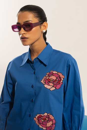 Urban Life_Blue Cotton Poplin Machine Embroidery Floral Collar Rose Shirt_at_Aza_Fashions