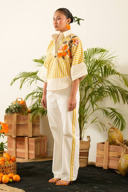 Urban Life_Yellow Cotton Poplin Machine Embroidery Orange Collar Striped Patchwork Shirt _Online_at_Aza_Fashions