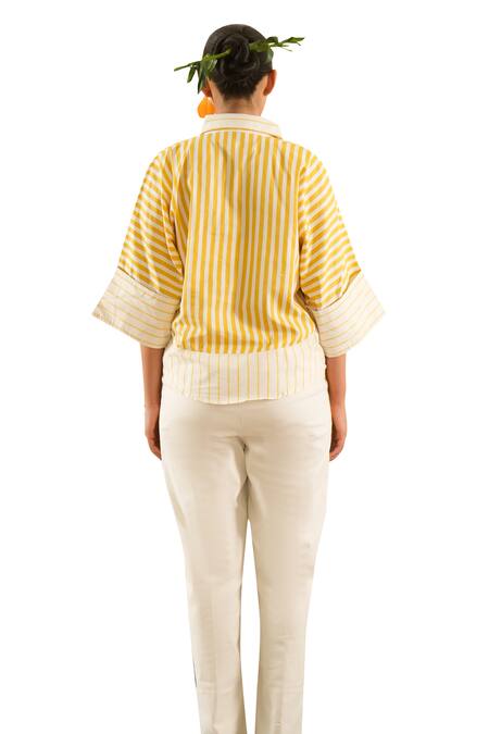 Buy_Urban Life_Yellow Cotton Poplin Machine Embroidery Orange Collar Striped Patchwork Shirt _Online_at_Aza_Fashions