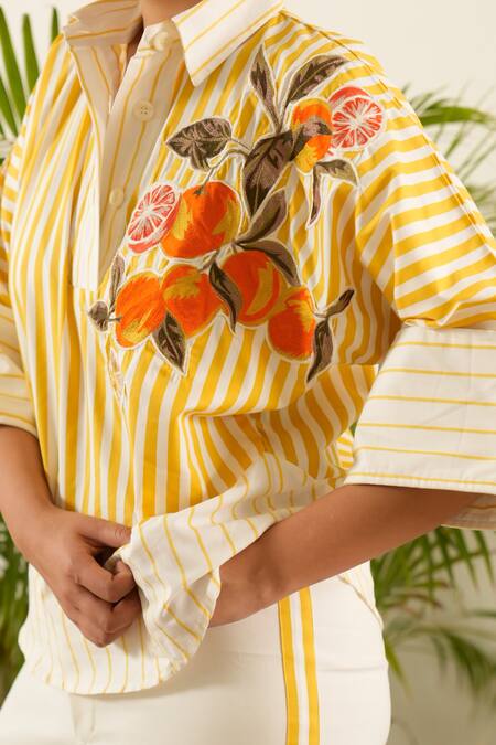 Shop_Urban Life_Yellow Cotton Poplin Machine Embroidery Orange Collar Striped Patchwork Shirt _Online_at_Aza_Fashions