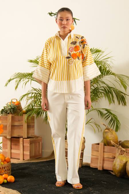 Urban Life_Yellow Cotton Poplin Machine Embroidery Orange Collar Striped Patchwork Shirt _at_Aza_Fashions
