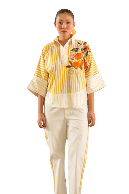 Buy_Urban Life_Yellow Cotton Poplin Machine Embroidery Orange Collar Striped Patchwork Shirt 