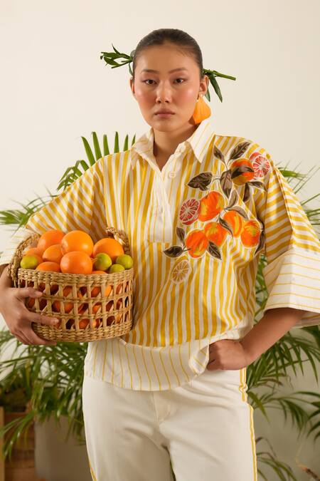 Shop_Urban Life_Yellow Cotton Poplin Machine Embroidery Orange Collar Striped Patchwork Shirt 