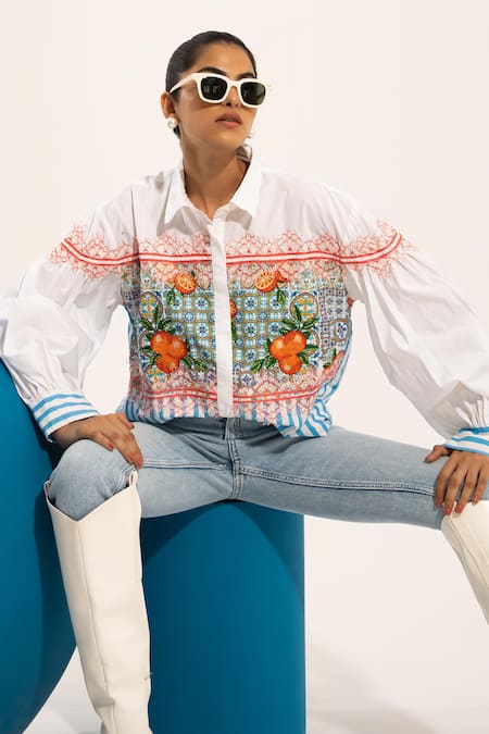 Urban Life_White Cotton Poplin Machine Embroidery Orange Collar Shirt _Online_at_Aza_Fashions