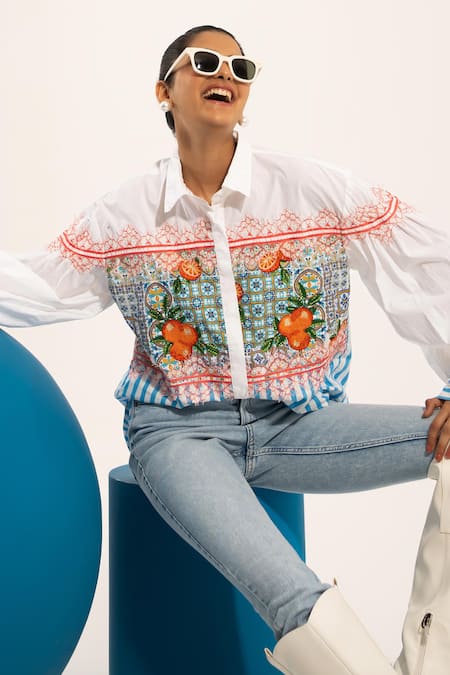 Buy_Urban Life_White Cotton Poplin Machine Embroidery Orange Collar Shirt _Online_at_Aza_Fashions