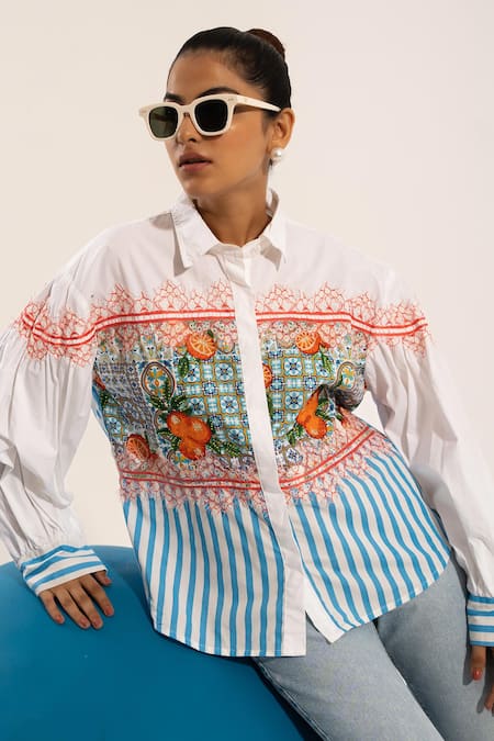 Shop_Urban Life_White Cotton Poplin Machine Embroidery Orange Collar Shirt _Online_at_Aza_Fashions