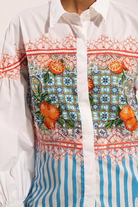 Urban Life_White Cotton Poplin Machine Embroidery Orange Collar Shirt _at_Aza_Fashions