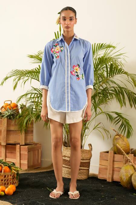 Urban Life Blue Cotton Embroidery Collared Poplin Floral Stripe Shirt Online at Aza Fashions Urban Life_Blue Cotton Embroidery Collared Poplin Floral Stripe Shirt _Online_at_Aza_Fashions