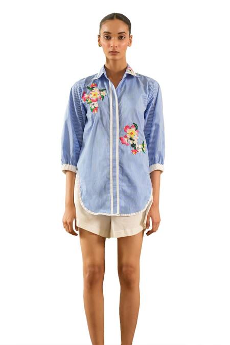 Buy Urban Life Blue Cotton Embroidery Collared Poplin Floral Stripe Shirt Online at Aza Fashions Buy_Urban Life_Blue Cotton Embroidery Collared Poplin Floral Stripe Shirt _Online_at_Aza_Fashions