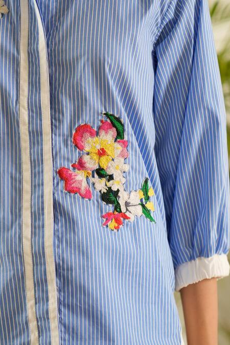Shop Urban Life Blue Cotton Embroidery Collared Poplin Floral Stripe Shirt Online at Aza Fashions Shop_Urban Life_Blue Cotton Embroidery Collared Poplin Floral Stripe Shirt _Online_at_Aza_Fashions