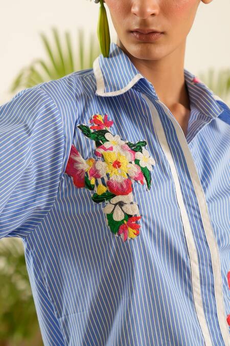 Urban Life Blue Cotton Embroidery Collared Poplin Floral Stripe Shirt at Aza Fashions Urban Life_Blue Cotton Embroidery Collared Poplin Floral Stripe Shirt _at_Aza_Fashions
