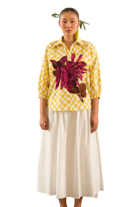 Buy Urban Life Yellow Cotton Poplin Machine Embroidery Wild Flower Collar Patchwork Shirt Online at Aza Fashions Buy_Urban Life_Yellow Cotton Poplin Machine Embroidery Wild Flower Collar Patchwork Shirt _Online_at_Aza_Fashions