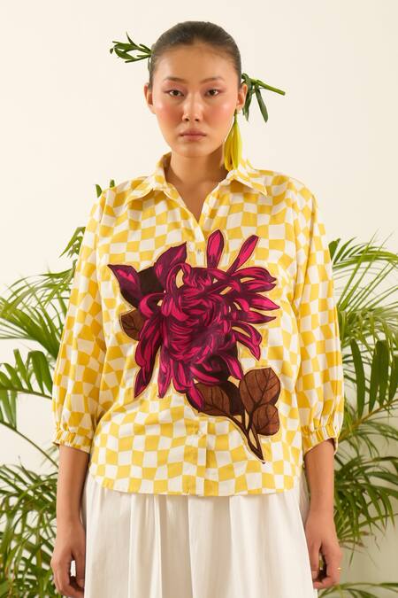Urban Life Yellow Cotton Poplin Machine Embroidery Wild Flower Collar Patchwork Shirt at Aza Fashions Urban Life_Yellow Cotton Poplin Machine Embroidery Wild Flower Collar Patchwork Shirt _at_Aza_Fashions