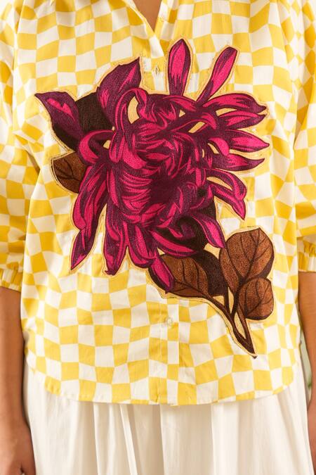 Buy Urban Life Yellow Cotton Poplin Machine Embroidery Wild Flower Collar Patchwork Shirt Buy_Urban Life_Yellow Cotton Poplin Machine Embroidery Wild Flower Collar Patchwork Shirt