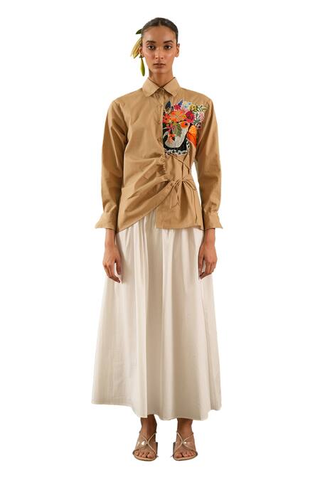 Urban Life Brown Cotton Poplin Machine Embroidery Floral Collar Ruched Patchwork Shirt Online at Aza Fashions Urban Life_Brown Cotton Poplin Machine Embroidery Floral Collar Ruched Patchwork Shirt _Online_at_Aza_Fashions