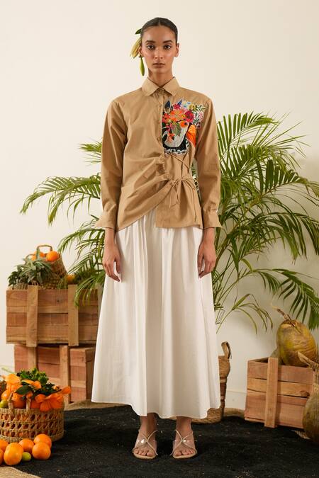 Buy Urban Life Brown Cotton Poplin Machine Embroidery Floral Collar Ruched Patchwork Shirt Online at Aza Fashions Buy_Urban Life_Brown Cotton Poplin Machine Embroidery Floral Collar Ruched Patchwork Shirt _Online_at_Aza_Fashions