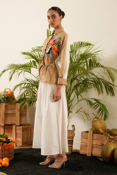 Shop Urban Life Brown Cotton Poplin Machine Embroidery Floral Collar Ruched Patchwork Shirt Online at Aza Fashions Shop_Urban Life_Brown Cotton Poplin Machine Embroidery Floral Collar Ruched Patchwork Shirt _Online_at_Aza_Fashions