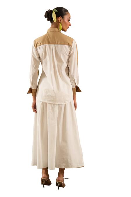 Buy Urban Life Brown Cotton Poplin Machine Embroidery Floral Collar Ruched Patchwork Shirt Buy_Urban Life_Brown Cotton Poplin Machine Embroidery Floral Collar Ruched Patchwork Shirt