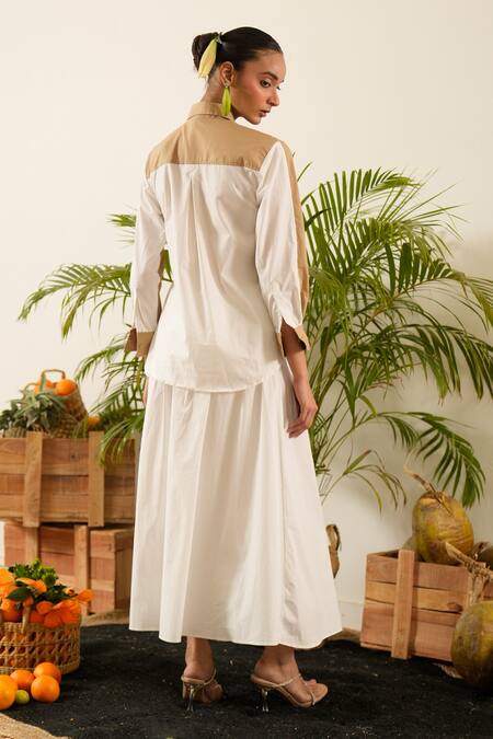 Shop Urban Life Brown Cotton Poplin Machine Embroidery Floral Collar Ruched Patchwork Shirt Shop_Urban Life_Brown Cotton Poplin Machine Embroidery Floral Collar Ruched Patchwork Shirt