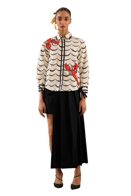 Urban Life_White Cotton Poplin Machine Embroidery Crab Collar Ocean Patchwork Shirt _Online_at_Aza_Fashions