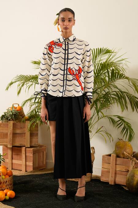 Buy_Urban Life_White Cotton Poplin Machine Embroidery Crab Collar Ocean Patchwork Shirt _Online_at_Aza_Fashions