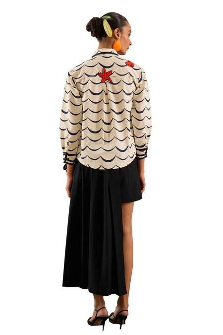 Urban Life_White Cotton Poplin Machine Embroidery Crab Collar Ocean Patchwork Shirt _at_Aza_Fashions