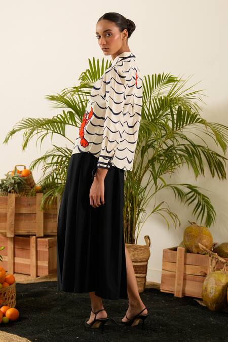 Buy_Urban Life_White Cotton Poplin Machine Embroidery Crab Collar Ocean Patchwork Shirt 